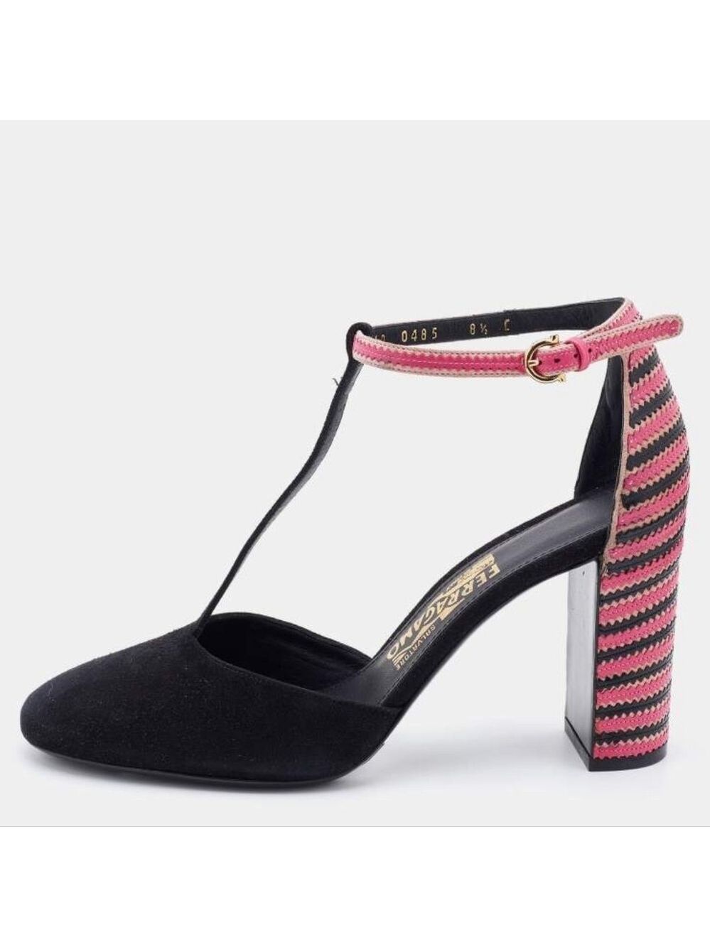 Salvatore Ferragamo Black/Pink Suede And Leather Fergie T-Strap Pumps - Picture 5 of 13